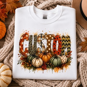 Lettere patchwork personalizzate con nome in formato PNG, stampa a sublimazione con zucca autunnale, leopardo e quadri, design di testo autunnale personalizzato, testo personalizzato in formato PNG