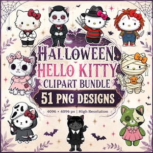 Puede incluir: Un paquete de imágenes prediseñadas digitales con varios personajes de Hello Kitty vestidos con disfraces de Halloween, incluyendo una momia, un zombi y atuendos de terror. El texto central dice HALLOWEEN HELLO KITTY CLIPART BUNDLE 51 PNG DESIGNS.
