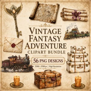 May include: A digital collection titled VINTAGE FANTASY ADVENTURE CLIPART BUNDLE 56 PNG DESIGNS 2500 x 2500 px High Resolution featuring illustrations of a winged key, a map, scrolls, a steam train, an envelope, and suitcases.