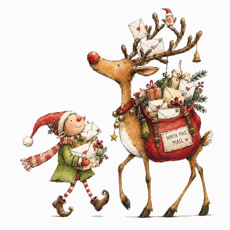 Girl File Set Santa, Reindeer, Boy and Girl Elves Clipart Bundle: Watercolor North ...