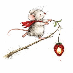 Peut inclure: Illustration &agrave; l'aquarelle d'une souris blanche portant une cape rouge, marchant sur une branche. La souris porte une branche avec une lanterne en forme de framboise rouge. Le fond est blanc.