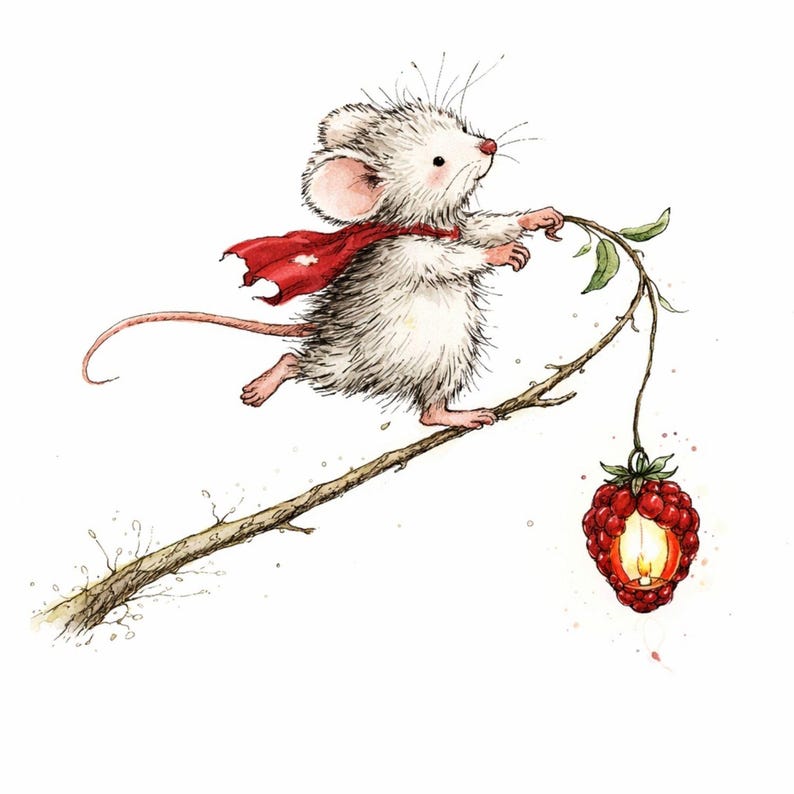 Peut inclure: Illustration &agrave; l'aquarelle d'une souris blanche portant une cape rouge, marchant sur une branche. La souris porte une branche avec une lanterne en forme de framboise rouge. Le fond est blanc.