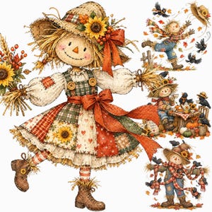 Puede incluir: Una colección de ilustraciones que muestra un espantapájaros con un sombrero de paja con girasoles y un vestido de retazos en tonos rojos, verdes y blancos. El espantapájaros aparece en varias escenas otoñales con cuervos y hojas.