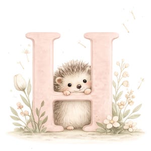 May include: A large, pale pink letter H featuring a watercolor illustration of a small, fluffy hedgehog peeking over the center bar. The letter is surrounded by delicate, hand-painted botanical elements including white flowers, green leaves, and stems.