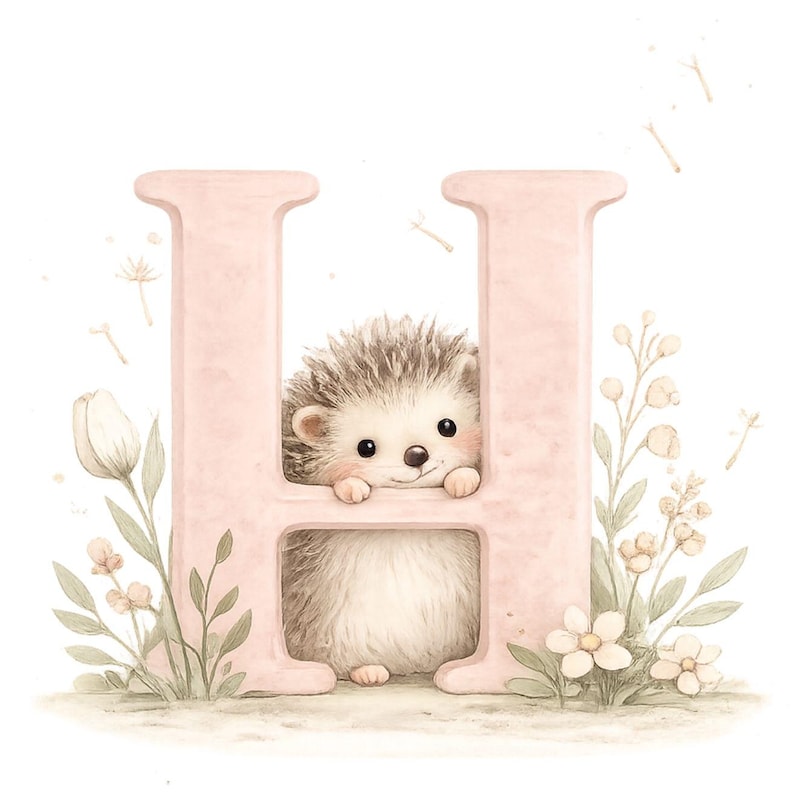May include: A large, pale pink letter H featuring a watercolor illustration of a small, fluffy hedgehog peeking over the center bar. The letter is surrounded by delicate, hand-painted botanical elements including white flowers, green leaves, and stems.