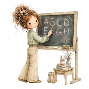 May include: A digital illustration of a person with curly brown hair wearing a green long-sleeve shirt and tan trousers, writing the letters A, B, C, D, E, F, G, H in colourful chalk on a wooden chalkboard, with books and flowers on a small stool.