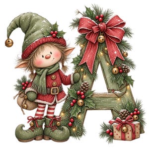 May include: A Christmas-themed illustration featuring a small elf wearing a green hat, red coat, and green boots, standing next to a large, rustic green letter A decorated with pine branches, holly berries, a red bow, and a small gift box.