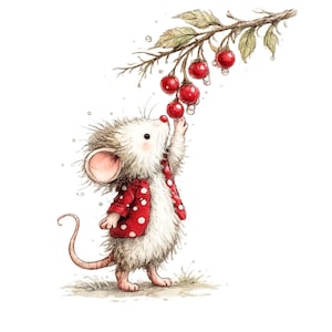Peut inclure: Illustration fantaisiste d'une souris atteignant des cerises rouges sur une branche. La souris porte une veste rouge &agrave; pois blancs et une &eacute;charpe assortie. Le fond est blanc, avec quelques gouttes d'eau.