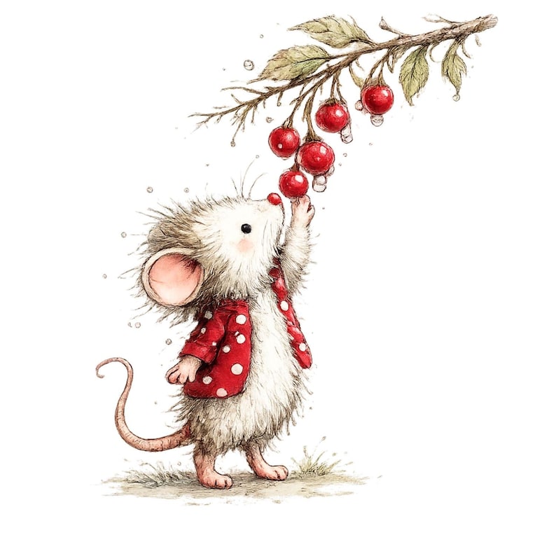 Peut inclure: Illustration fantaisiste d'une souris atteignant des cerises rouges sur une branche. La souris porte une veste rouge &agrave; pois blancs et une &eacute;charpe assortie. Le fond est blanc, avec quelques gouttes d'eau.