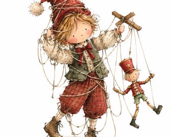 Vintage Christmas Puppet Theatre Clipart Bundle: Watercolor Holiday Puppet Show, 15 PNG