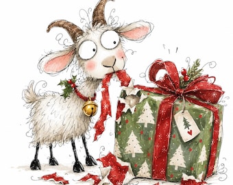 Christmas Goats Gone Wrong Clipart Bundle: Watercolor Funny Holiday Goat Illustration, 17 PNG