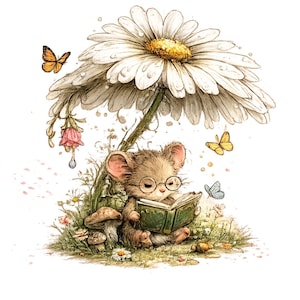 May include: A small brown mouse with round glasses sits under a large white daisy, reading a green book. The scene includes a pink flower, small mushrooms, and three butterflies in orange, yellow, and blue, all rendered in a soft watercolor style.