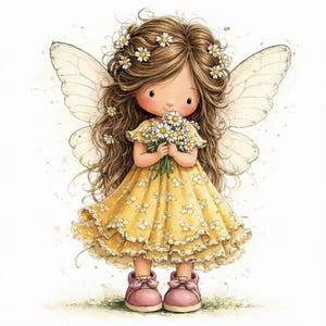 May include: A watercolor illustration of a fairy girl with long brown hair adorned with daisies. She wears a yellow dress with a floral pattern and pink shoes. The fairy holds a bouquet of daisies and has large, translucent wings.