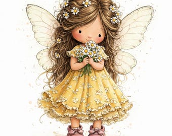 Puede incluir: Ilustración en acuarela de una niña hada con largo cabello castaño adornado con margaritas. Lleva un vestido amarillo con estampado floral y zapatos rosas. El hada sostiene un ramo de margaritas y tiene grandes alas translúcidas.