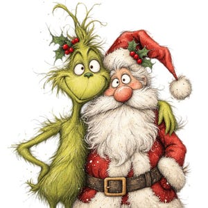 Puede incluir: Una criatura verde y peluda con una expresión traviesa está junto a Santa Claus. La criatura tiene una ramita de acebo en la cabeza. Santa viste un traje rojo con ribetes de piel blanca, un gorro a juego con acebo y un cinturón marrón con hebilla dorada.
