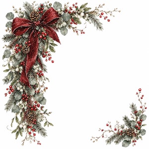 Può includere: Una composizione decorativa ad angolo con un grande fiocco in velluto rosso scuro, rami di pino, pigne marroni, foglie di eucalipto verdi e grappoli di bacche rosse e bianche. Gli elementi botanici si estendono lungo il bordo dell'angolo.