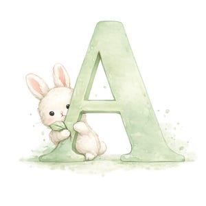 Peut inclure: Une illustration à l'aquarelle d'une lettre majuscule A vert clair. Un petit lapin blanc duveteux aux oreilles teintées de rose regarde derrière la lettre, tenant une petite feuille verte dans ses pattes avant sur un fond blanc.