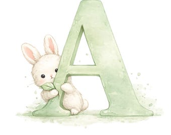 Op de afbeelding: Een aquarelillustratie van een lichtgroene hoofdletter A. Een klein, pluizig wit konijn met roze getinte oren kijkt van achter de letter vandaan en houdt een enkel klein groen blaadje vast in zijn voorpoten tegen een witte achtergrond.