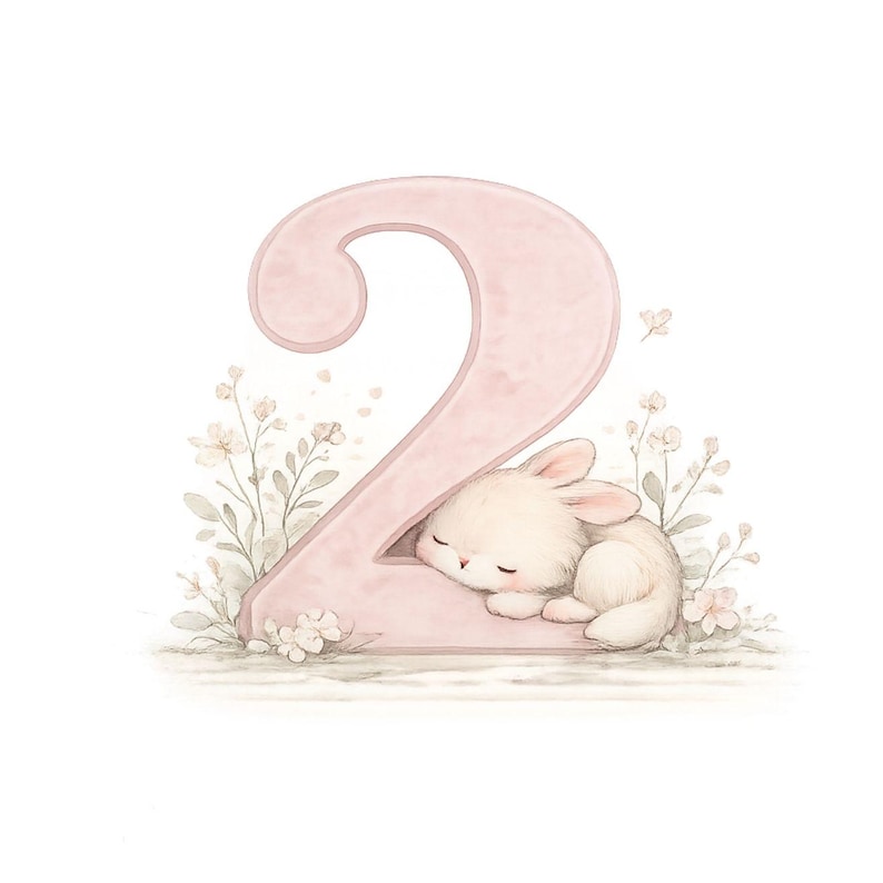 May include: A large, pale pink number two illustration featuring a small, fluffy white bunny sleeping against its base. The design is surrounded by delicate, hand-drawn style light beige and white wildflowers and foliage on a plain white background.