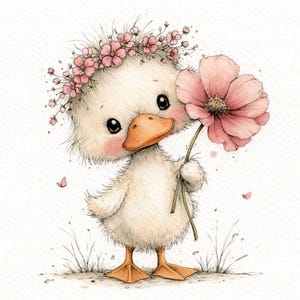 May include: Watercolor illustration of a cute duckling with a pink flower and a floral crown. The duckling has fluffy white feathers, an orange beak and feet, and rosy cheeks. The flower is a soft pink color, and the background is white with a few small pink petals.