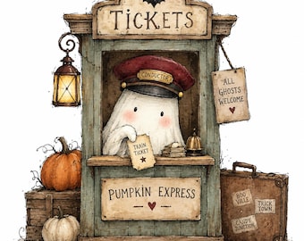 Halloween Ghost Train Station Clipart, Vintage Spooky Railway, Cute Haunted Characters, 16 PNG
