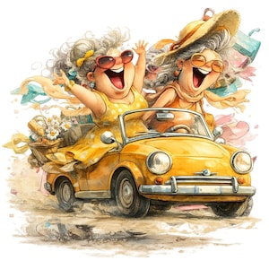 May include: Watercolor illustration of two elderly women joyfully riding in a yellow convertible car. They are wearing sunglasses and smiling widely. The car has a vintage design, and the background is a soft, watercolor wash.