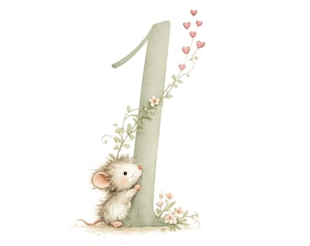 May include: A watercolour illustration of the number 1 in a pale green, decorated with floral vines and pink heart details. A fluffy mouse is clinging to the number. The artwork has a whimsical, storybook feel, suitable for children's decor.