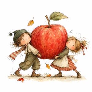 Puede incluir: Una ilustración en acuarela de dos niños cargando una manzana roja gigante. El niño de la izquierda lleva un gorro verde, bufanda a rayas y peto. La niña de la derecha lleva un vestido verde con delantal blanco y falda de cuadros rojos.