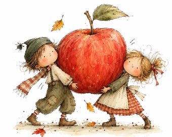 Autumn Orchard Children Clipart, Apple Picking Kids, Cozy Fall Harvest Illustrations, 17 PNG