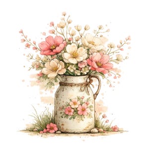 Peut inclure: Illustration à l'aquarelle d'un bouquet de fleurs roses et crème dans un pichet blanc rustique. Le pichet est orné d'un motif floral et attaché avec de la ficelle. De l'herbe verte et de petites fleurs roses sont à la base.