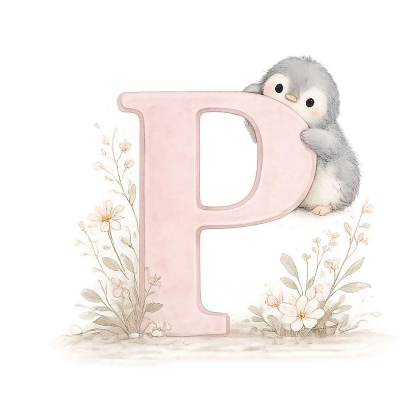 May include: A large, pale pink letter P illustrated with a soft watercolor texture. A small, fluffy grey penguin with black eyes and a light beak peeks from behind the letter. Delicate, muted green and white floral sprigs surround the base.