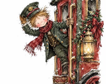 Christmas Train Clipart Bundle: Watercolor Holiday Railway Characters, 18 PNG