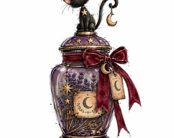 May include: A purple glass jar filled with lavender sprigs, topped with a black cat figurine. The jar features a dark red ribbon, gold star accents, and a rectangular label with a crescent moon illustration and matching moon charms.