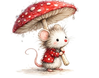 Ensemble de cliparts lunatiques souris forestières – aquarelles champignons et fraises des bois – lot de 27 livres de contes mignons PNG