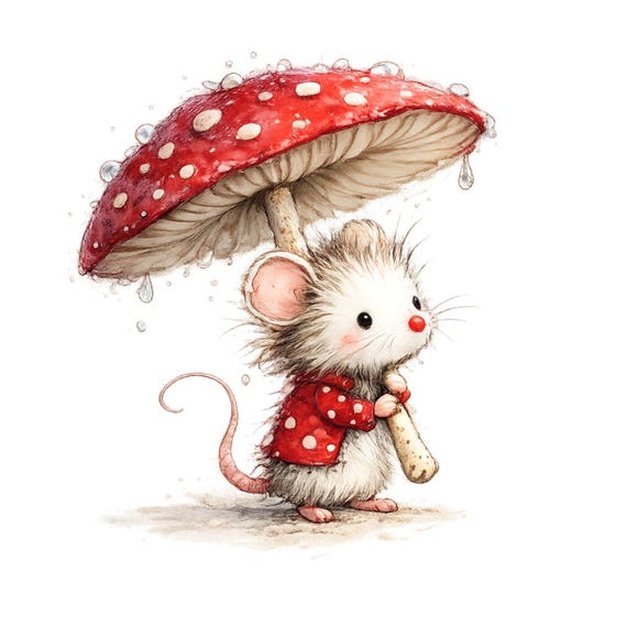 Whimsical Forest Mouse Clipart Set – Watercolor Mushroom and Strawberry Woodland Mice – 27 Cute Storybook PNG Bundle