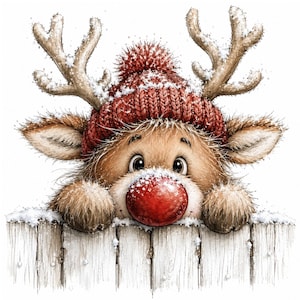 May include: A fluffy brown reindeer with large antlers and a bright red nose, wearing a textured dark red knit beanie with a pom-pom. The reindeer is peeking over a weathered white wooden fence, with small white snowflakes dusting its fur.