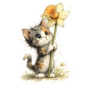 May include: A watercolour illustration of a calico kitten holding a daffodil. The kitten has large green eyes and a fluffy coat of grey, orange, and white fur. The daffodil has a yellow and orange flower head and a green stem.