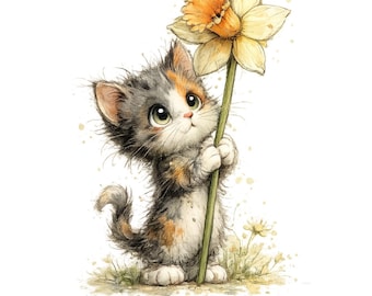 Whimsical Kitten Clipart Bundle, Watercolor Cute Cat Clipart Set, Floral Kitty Illustration, Baby Animal Clipart, 21 PNG