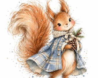 Dusty Blue Tartan Christmas Animals Clipart Bundle: Ivory Cable-Knit Winter Friends, 25 PNG