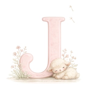 May include: A large, pale pink letter J with a smooth, rounded finish. A small, fluffy, cream-colored lamb with closed eyes is resting at the base of the letter. Delicate, light-colored wildflowers and thin, wispy stems surround the letter.