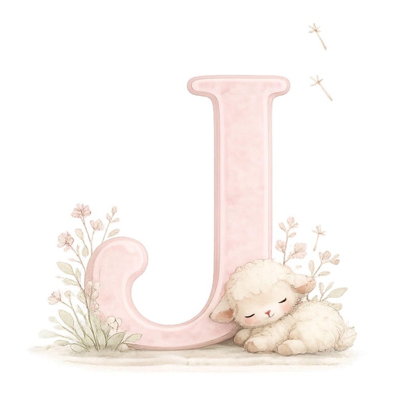 May include: A large, pale pink letter J with a smooth, rounded finish. A small, fluffy, cream-colored lamb with closed eyes is resting at the base of the letter. Delicate, light-colored wildflowers and thin, wispy stems surround the letter.