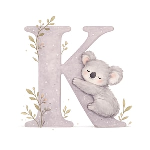 May include: A watercolour illustration of the letter "K" in a soft, speckled grey. A cute, grey koala is nestled against the letter. Delicate green and brown leaves and sprigs are scattered around the letter, creating a whimsical design.