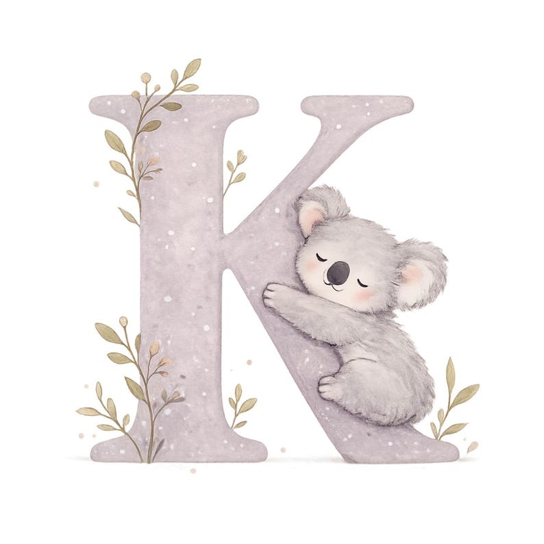 May include: A watercolour illustration of the letter "K" in a soft, speckled grey. A cute, grey koala is nestled against the letter. Delicate green and brown leaves and sprigs are scattered around the letter, creating a whimsical design.