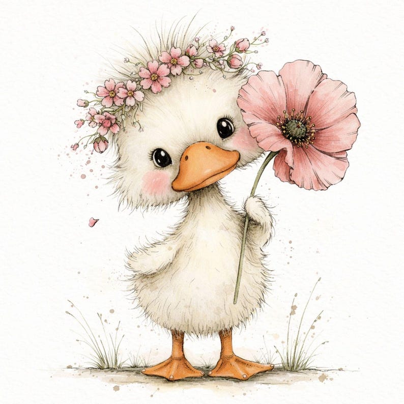 Cute Duck Clipart Bundle, Whimsical Duckling Clipart Set, Watercolor Baby Duck Illustration, Floral Duck Clipart, 25 PNG image 2