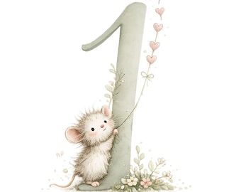 May include: A charming watercolour illustration featuring the number one in a muted green. A small, fluffy mouse is clinging to the number, with a string of pink heart-shaped balloons. The number is decorated with floral elements, creating a sweet, gentle design.
