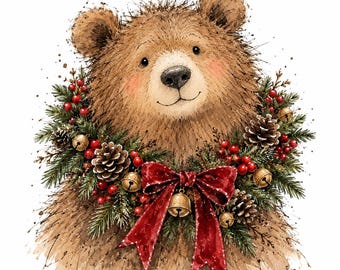May include: A brown bear illustration featuring a festive wreath around its neck. The wreath is decorated with green pine needles, red berries, brown pinecones, and gold jingle bells, finished with a large, bright red ribbon bow.