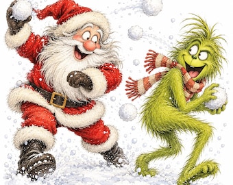 May include: A colorful illustration of Santa Claus in a red suit with white fur trim and black boots throwing a snowball, alongside a green, furry creature wearing a red and white striped scarf and holding a snowball in a snowy setting.