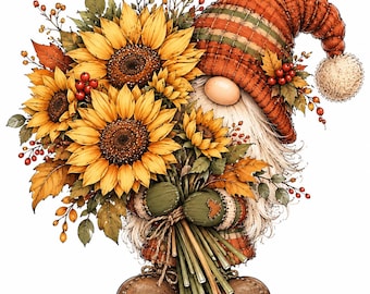 May include: A gnome wearing a plaid orange and green hat with a pom-pom, holding a large bouquet of yellow sunflowers, autumn leaves, and red berries. The gnome has a long white beard, green mittens, and brown boots.