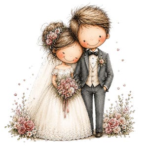 Può includere: Un'illustrazione a cartoni animati di una sposa e uno sposo in piedi insieme. La sposa indossa un abito da sposa in pizzo bianco e un velo con un bouquet di rose rosa. Lo sposo indossa un abito grigio scuro, un gilet bianco e un papillon nero con una rosa.