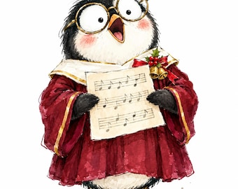 May include: A watercolor illustration of a penguin wearing round gold-rimmed glasses and a deep red choir robe with a white collar. The penguin holds a sheet of musical notes and features a red ribbon with holly berries and gold bells.